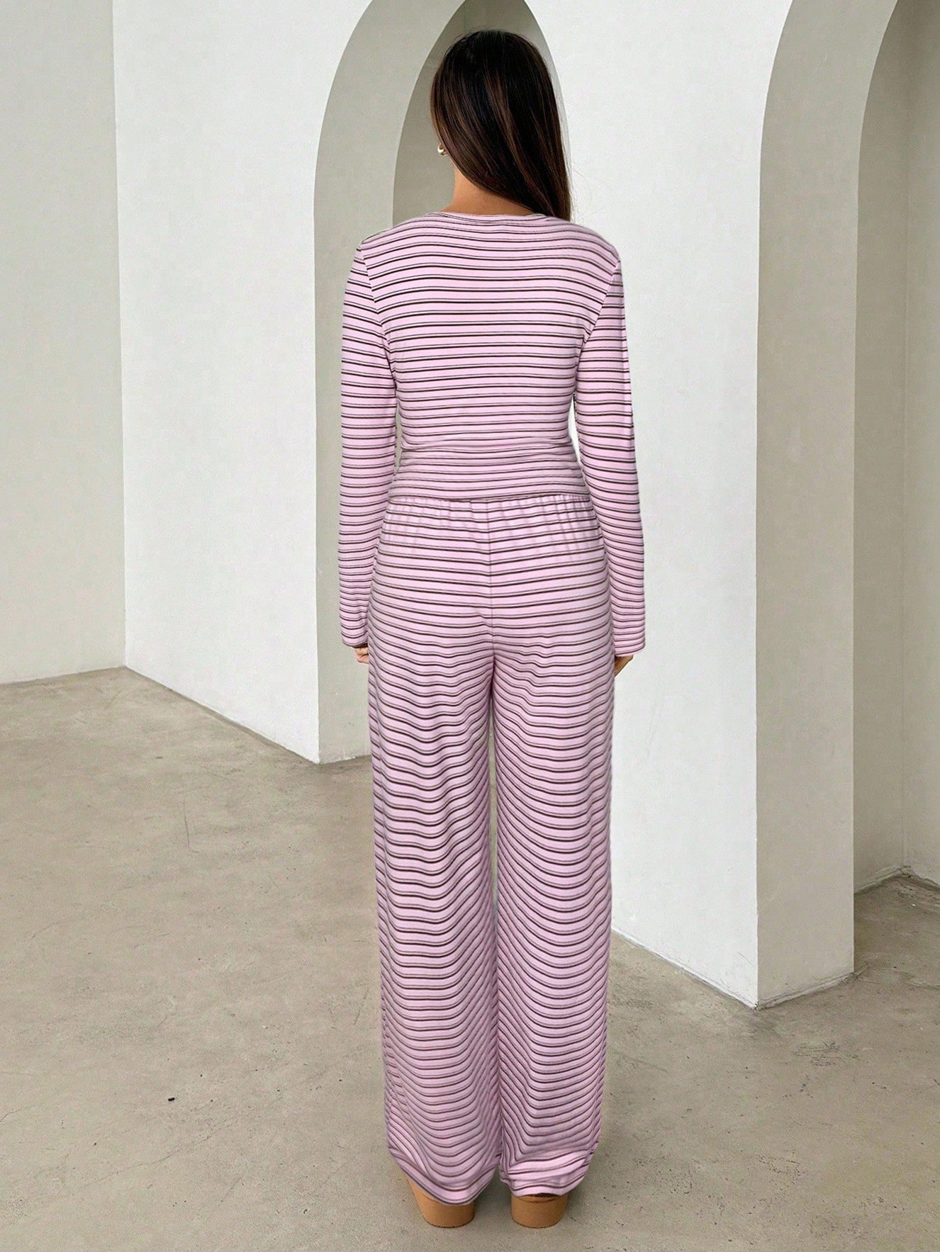 Brown Striped Long Sleeve Top & Wide Leg Pants Two-Piece Set