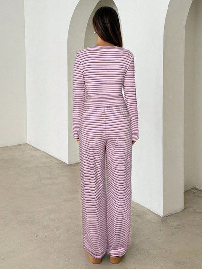 Brown Striped Long Sleeve Top & Wide Leg Pants Two-Piece Set
