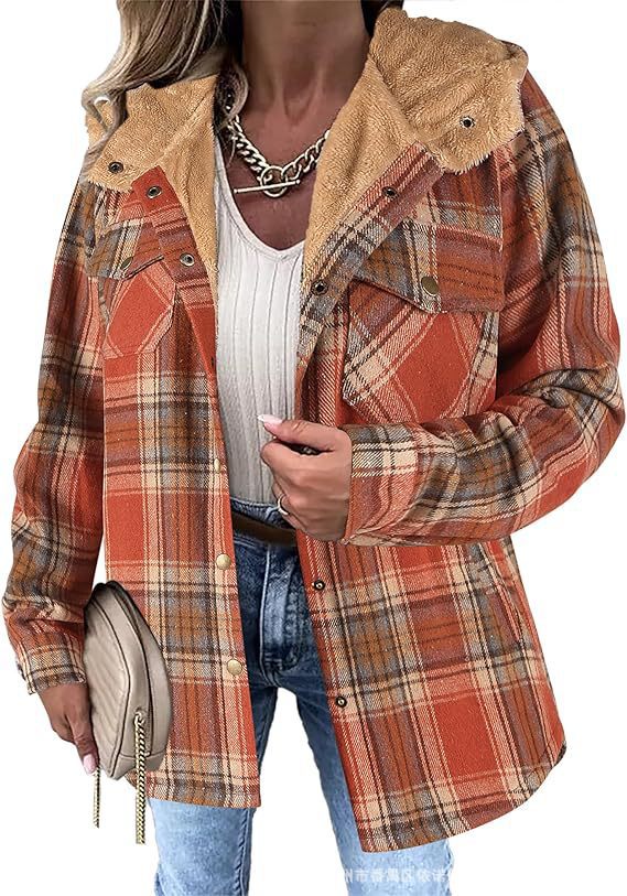 Women's Plaid Hooded Fleece Lined Wool Shacket