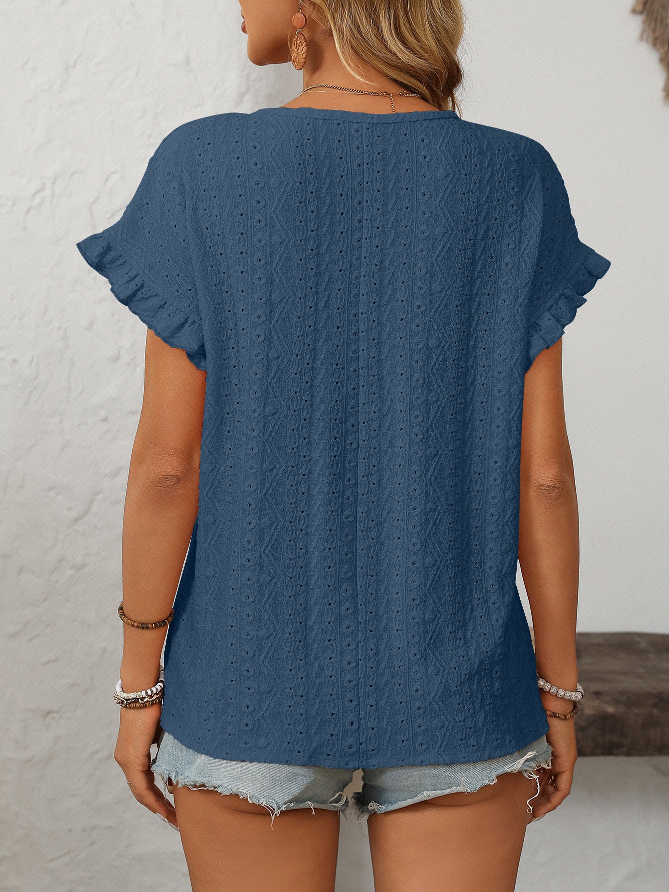 Women’s Eyelet Knit Crewneck Ruffle Sleeve Summer Top