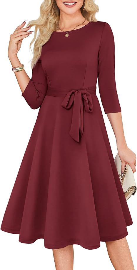 Womens A-Line Cocktail Dress 3/4 Sleeve Wedding Guest Midi