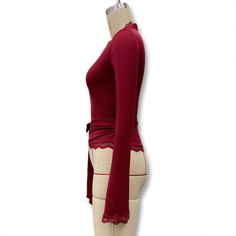 Y2K Lace Trim Wrap Crop Top Long Sleeve Flare Blouse
