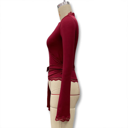Y2K Lace Trim Wrap Crop Top Long Sleeve Flare Blouse