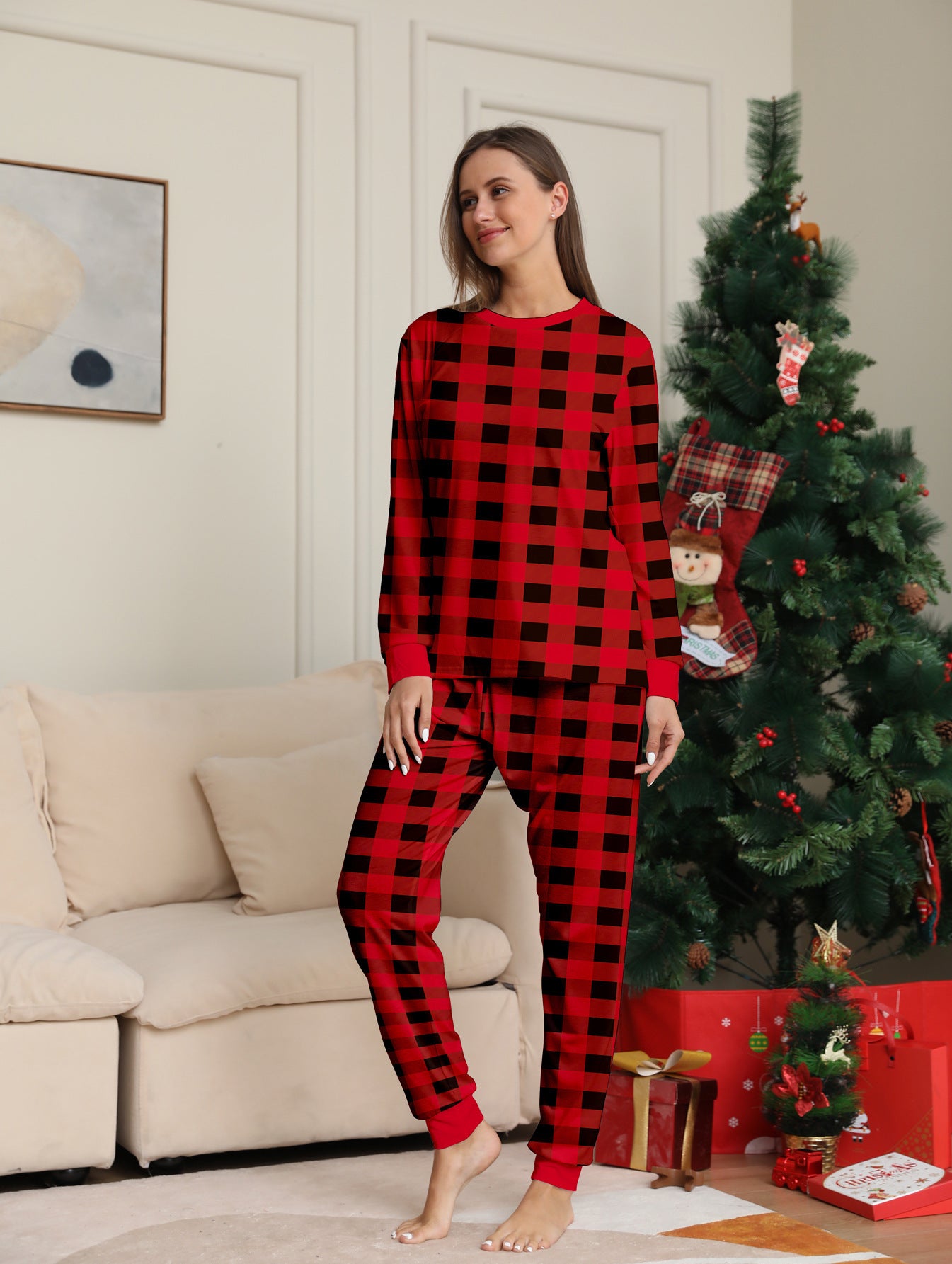 Red and Black Plaid Parent-child Printed Christmas Pajama Set