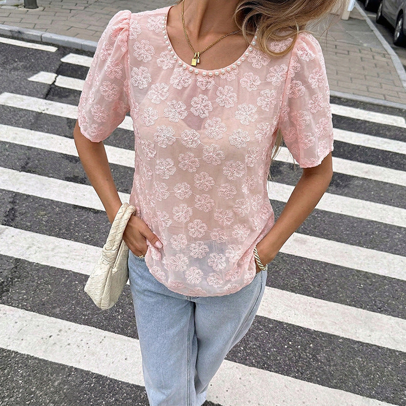 Pink Floral Jacquard Puff Sleeve Blouse Pearl Neck Top