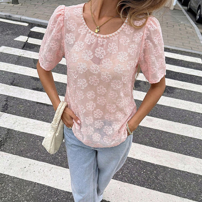 Pink Floral Jacquard Puff Sleeve Blouse Pearl Neck Top