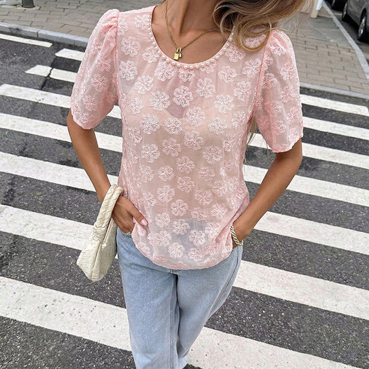 Pink Floral Jacquard Puff Sleeve Blouse Pearl Neck Top