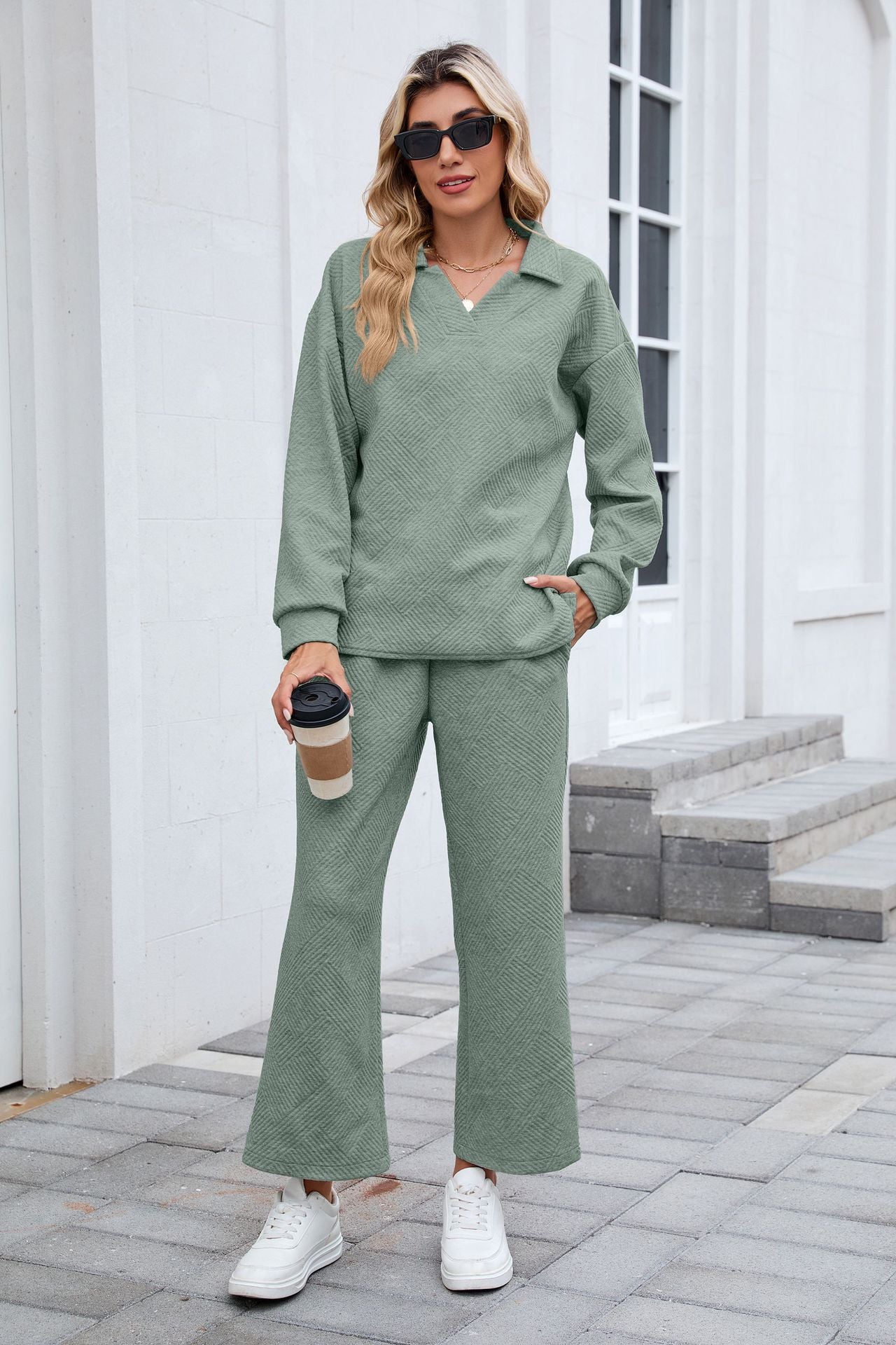 Women's Lounge Set Long Sleeve Collar Top Wide Leg Pants