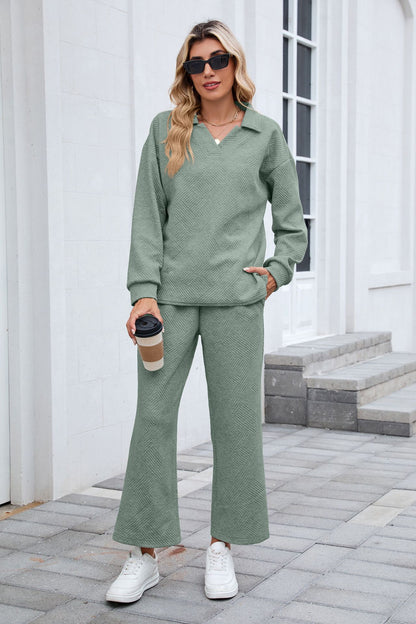Women's Lounge Set Long Sleeve Collar Top Wide Leg Pants