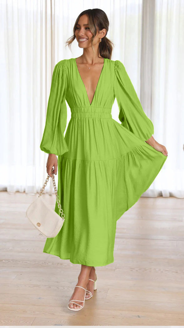 Women's V Neck Long Sleeve Smocked Waist Flowy Maxi Dress