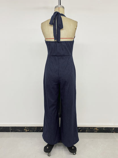 Striped Halter Backless Wide Leg Jumpsuit Office Chic