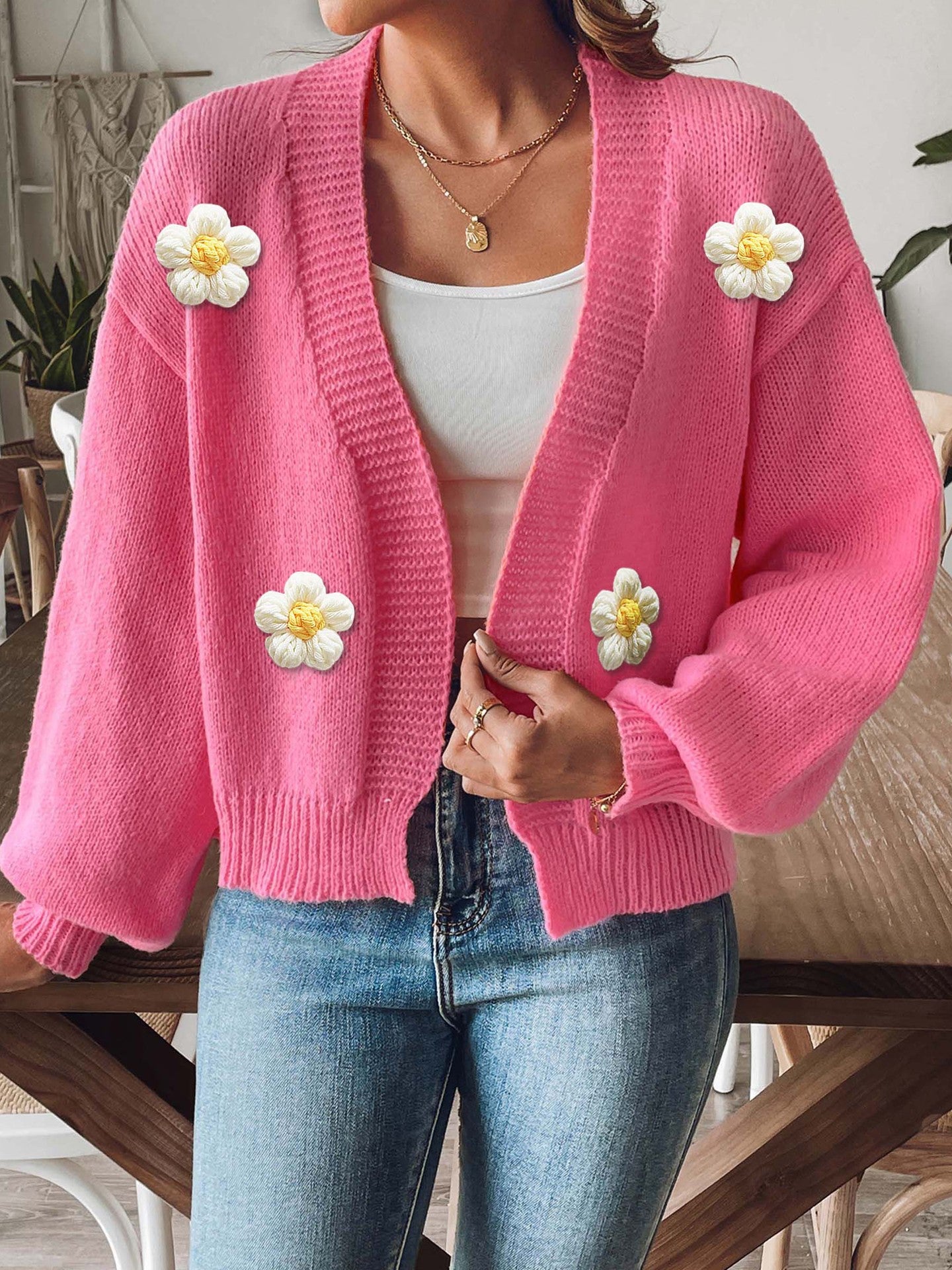 Women's Cardigan Hand Crochet Splicing Woven Sweater Jacket