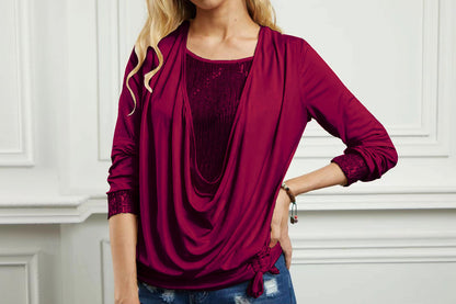 Sequin Draped Neck Layered Long Sleeve Top Loose Fit