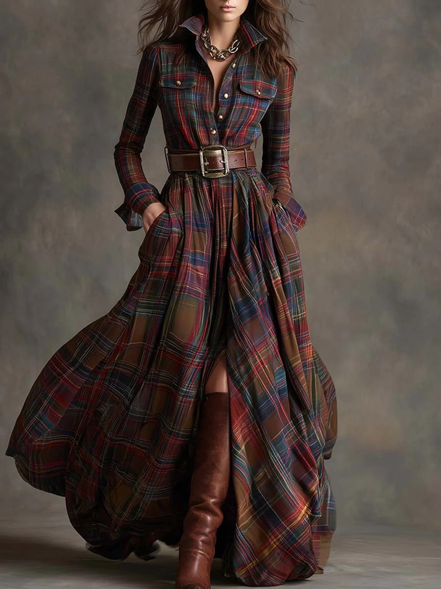 Plus Size Plaid Maxi Shirt Dress Belted Long Sleeve