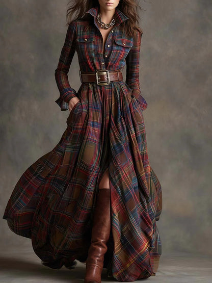 Plus Size Plaid Maxi Shirt Dress Belted Long Sleeve