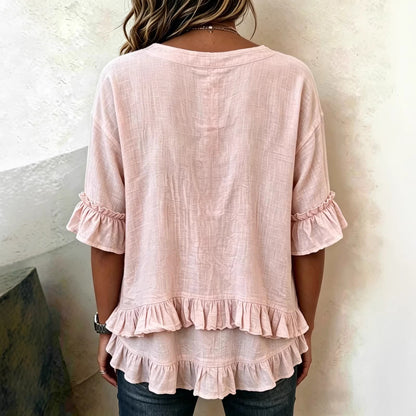 Ruffle V Neck Button Detail Tiered Hem Top