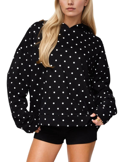 Polka Dot Hoodie Kangaroo Pocket Relaxed Fit Sweatshirt