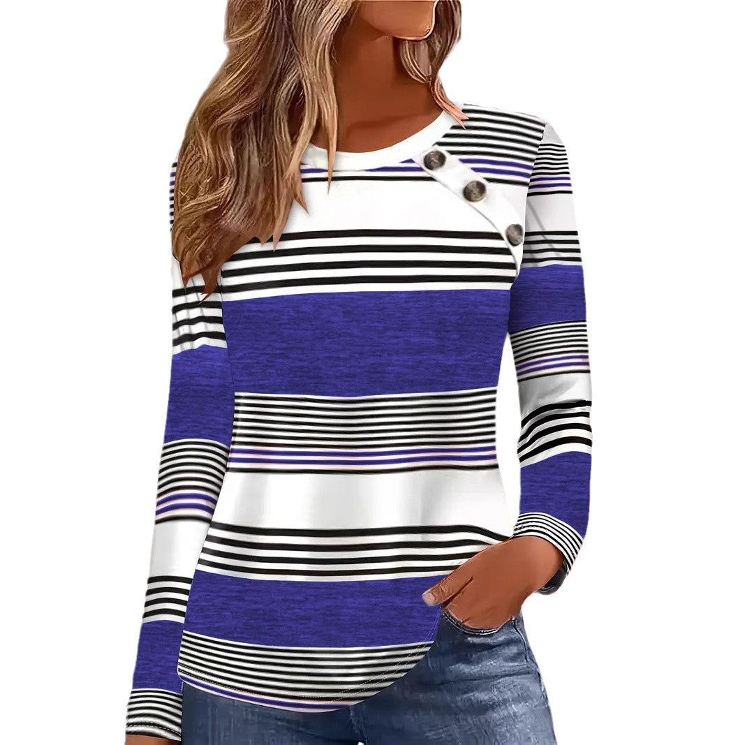 Women's Striped Color Block Button Long Sleeve Tunic Top