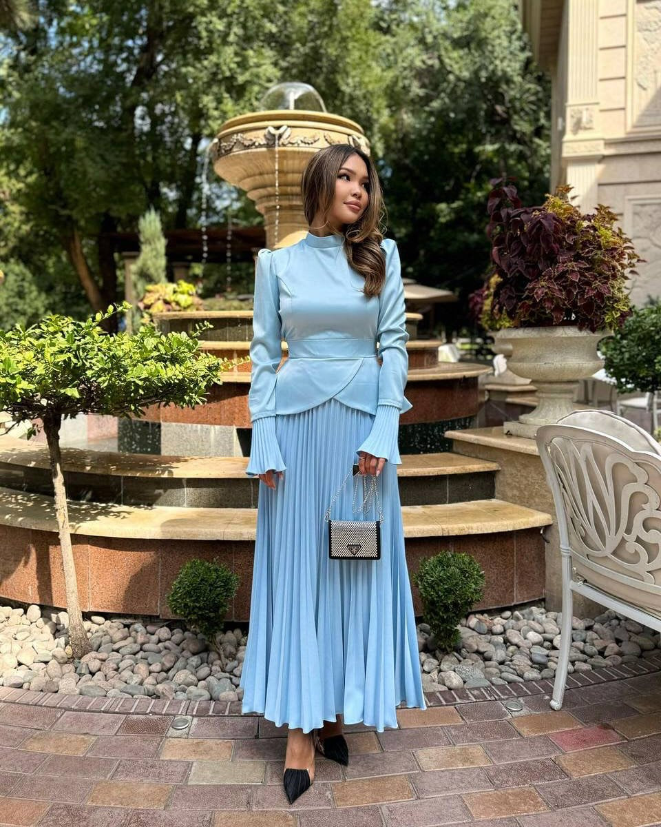 Mock Neck Tie Waist Top & Pleated Maxi Skirt Set