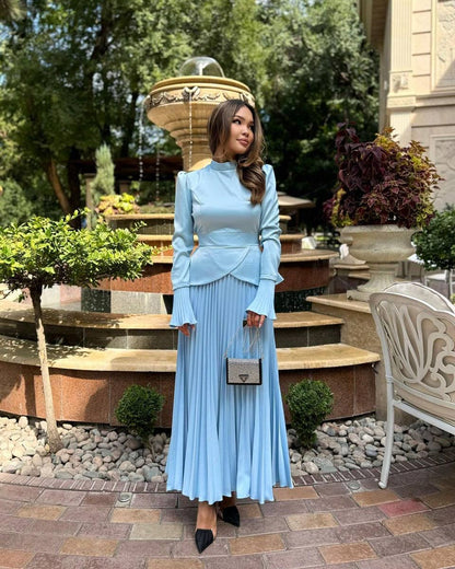 Mock Neck Tie Waist Top & Pleated Maxi Skirt Set