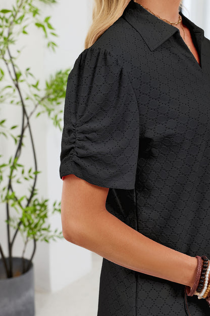 Women's V-Neck Puff Sleeve Polo Shirt Loose Casual Summer Top