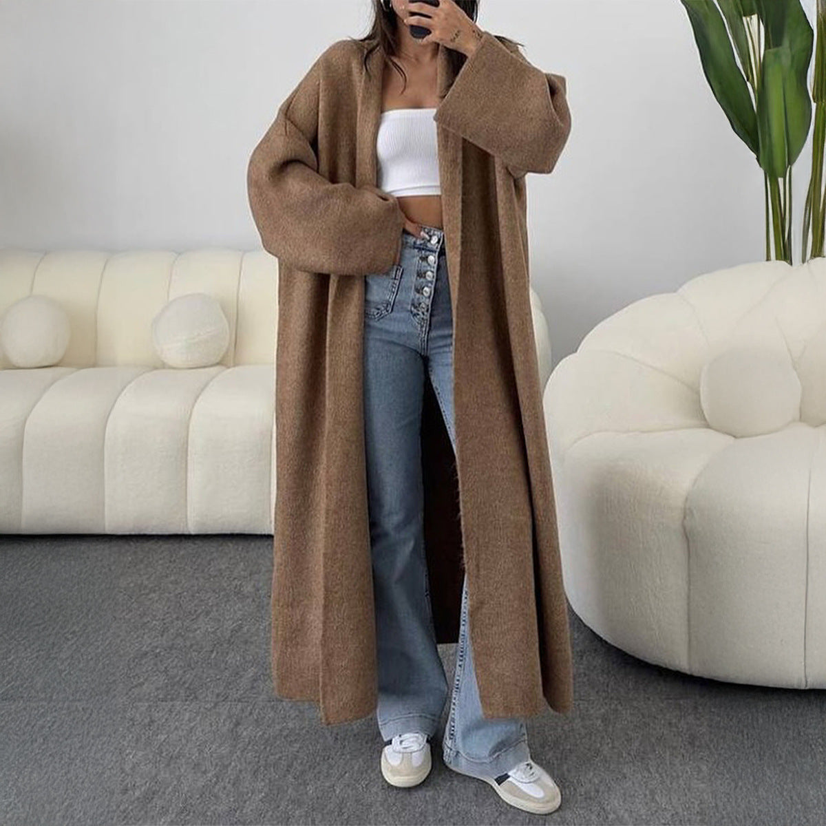 Oversized Maxi Knit Cardigan Open Front Lapel