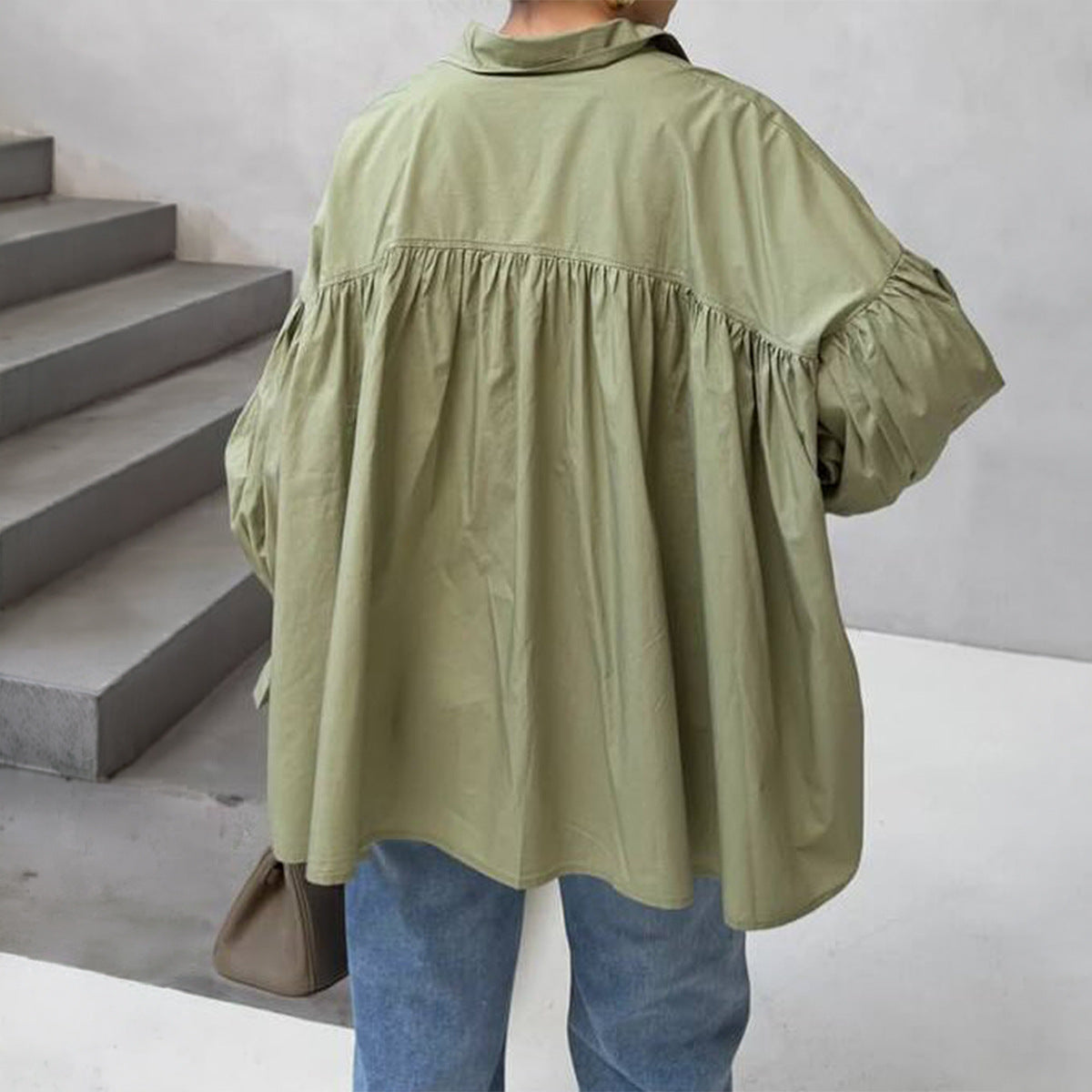 Oversized Puff Sleeve Button Down Shirt Relaxed Casual Blouse