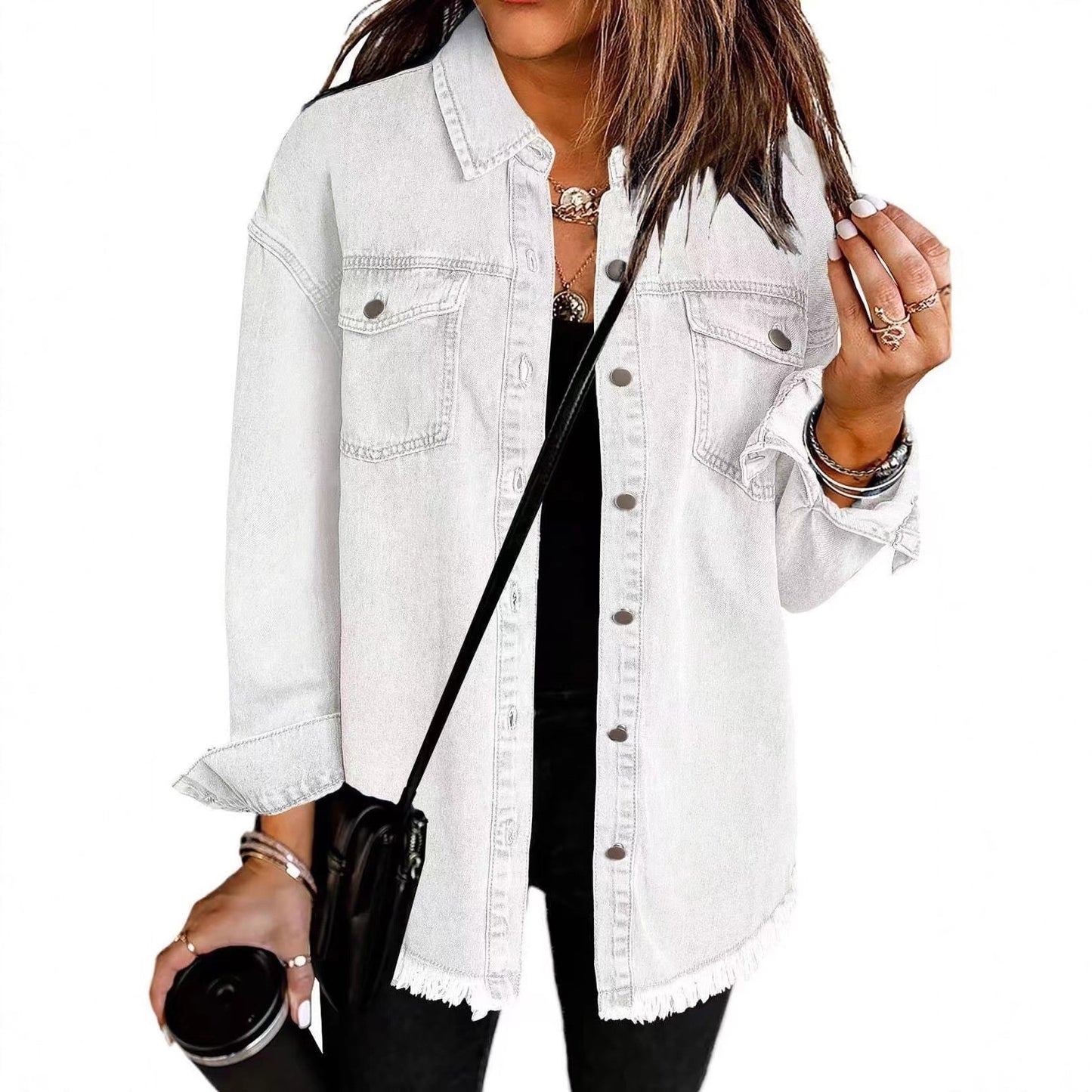 Women's Oversized Denim Shacket Frayed Hem Jacket