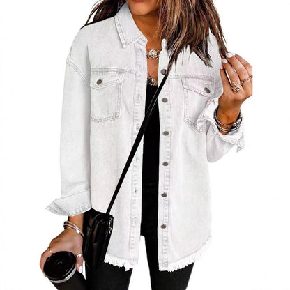 Women's Oversized Denim Shacket Frayed Hem Jacket