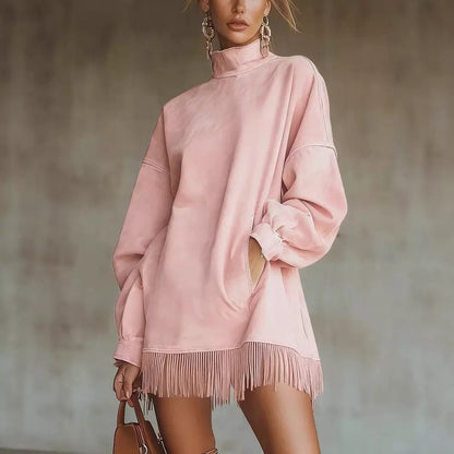 Mock Neck Suede Fringe Dress Long Sleeve Pockets