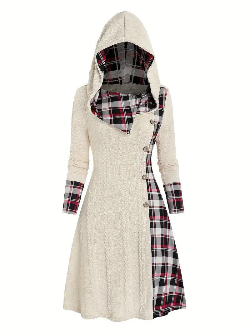 Hooded Cable Knit Sweater Dress Plaid Contrast Midi