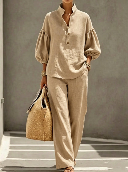 Cotton Puff Sleeve Mandarin Shirt Wide Leg Pants Set