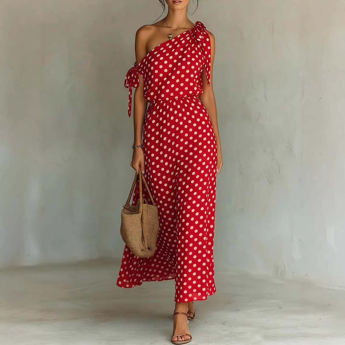 Polka Dot One Shoulder Tie Maxi Dress