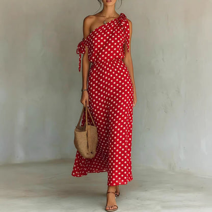 Polka Dot One Shoulder Tie Maxi Dress