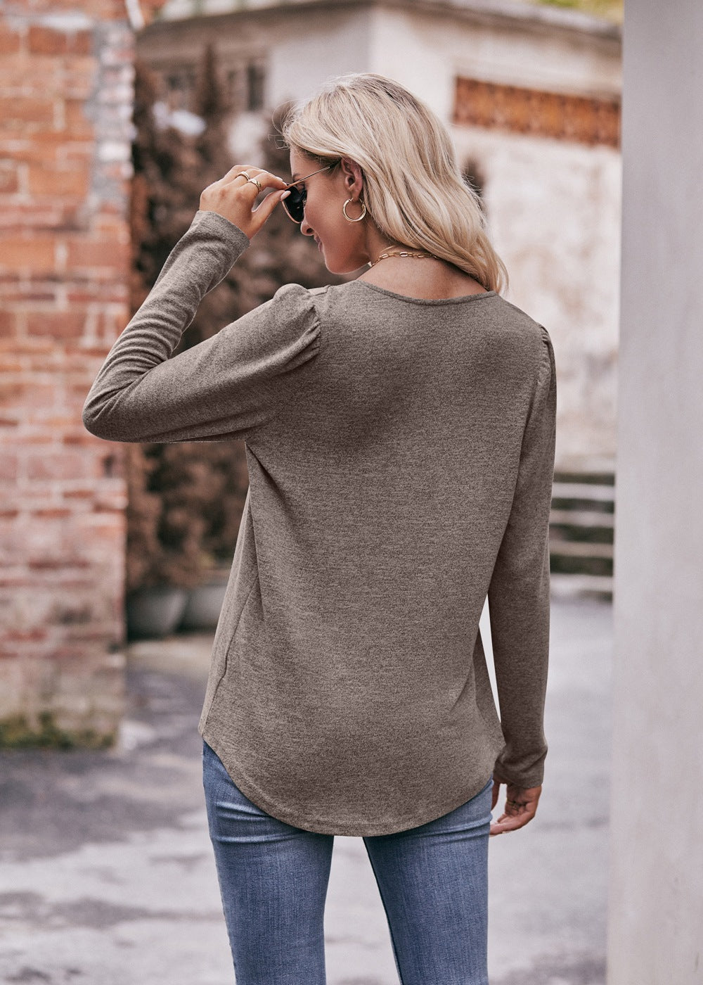Square Neck Pleated Long Sleeve Top for Women