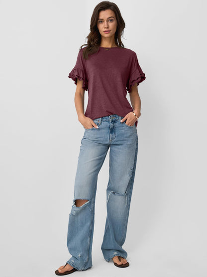 Women’s Ruffle Sleeve Crew Neck Tee Casual Summer Top