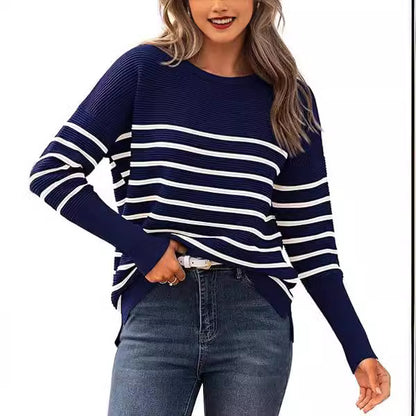 Women's Striped Crew Neck Pullover Knit Sweater