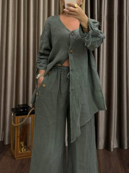 Women's Linen Two Piece Cardigan Wide Leg Pants Set