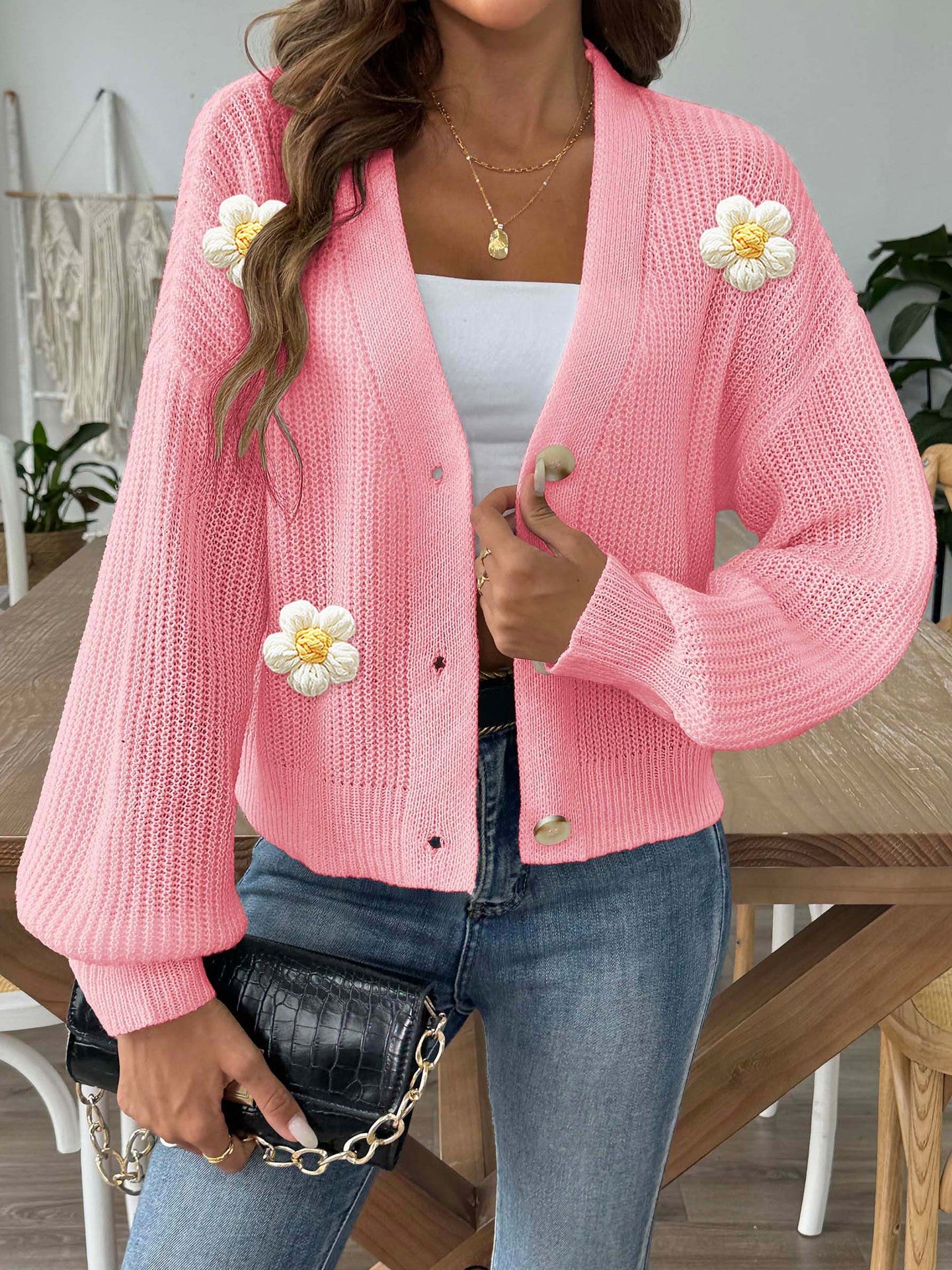 Floral Button-Up Cardigan | Cozy Crochet Trim Sweater