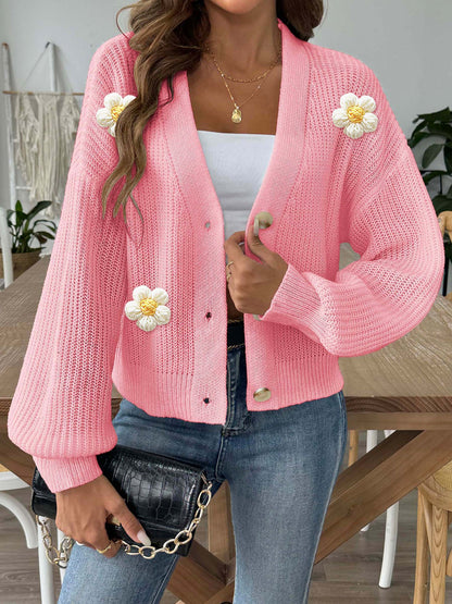Floral Button-Up Cardigan | Cozy Crochet Trim Sweater