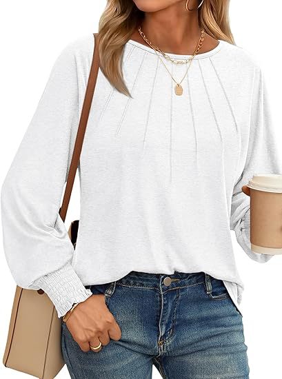 Women's Pleated Crewneck Balloon Sleeve Oversized Top