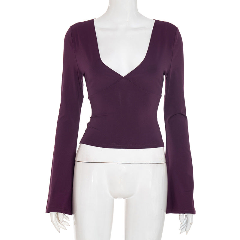 Sexy Deep V Neck Long Sleeve Bodycon Crop Top