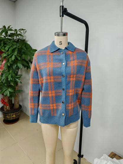 Plaid Collared Button Front Knit Cardigan