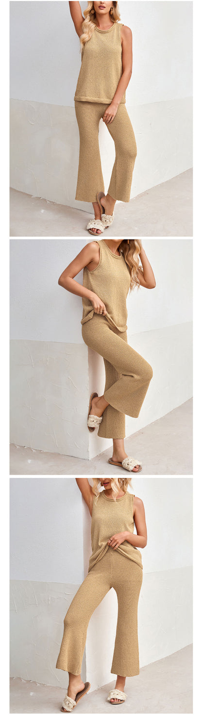 Solid Knit Lounge Set Sleeveless Tank Wide Leg Pants