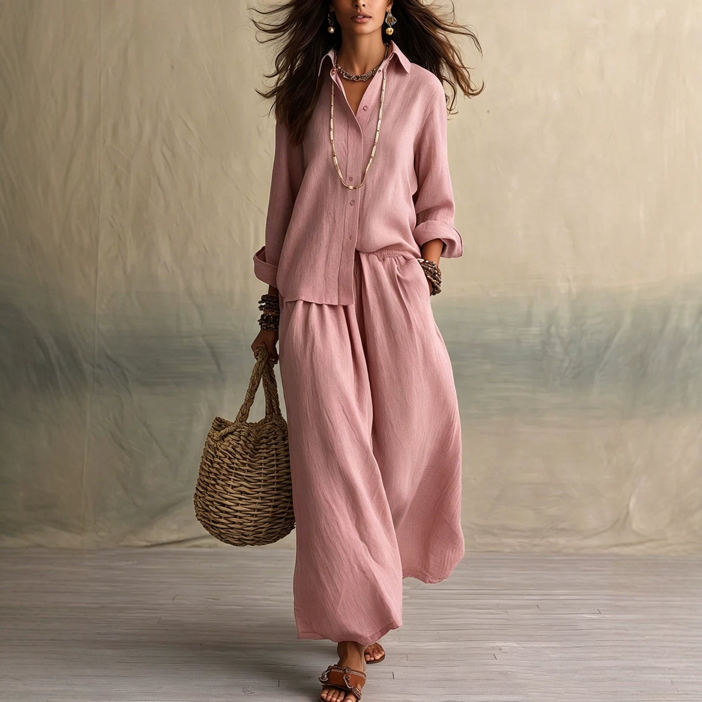 Women's Linen Blend Shirt & Wide Leg Pants Matching Set