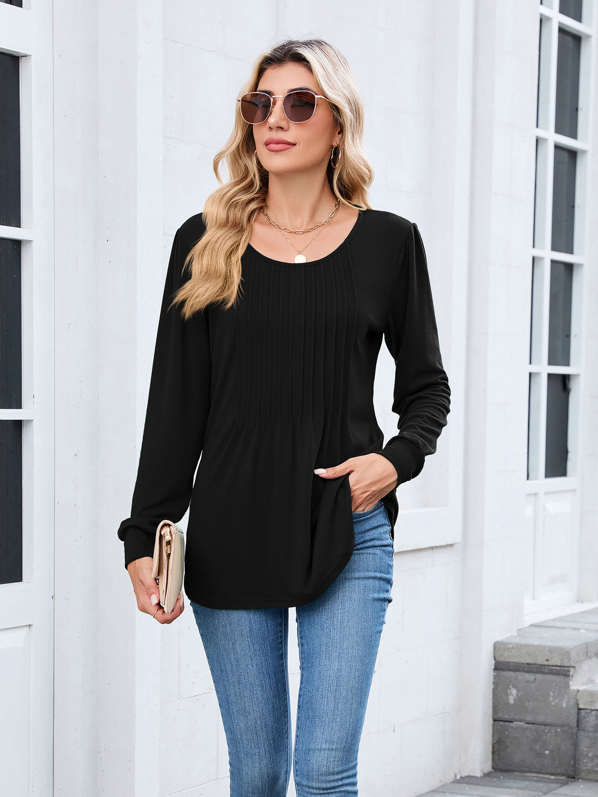 Women's Long Sleeve Pleated Tunic Top Loose Casual Blouse