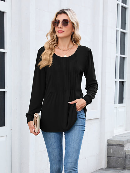 Women's Long Sleeve Pleated Tunic Top Loose Casual Blouse
