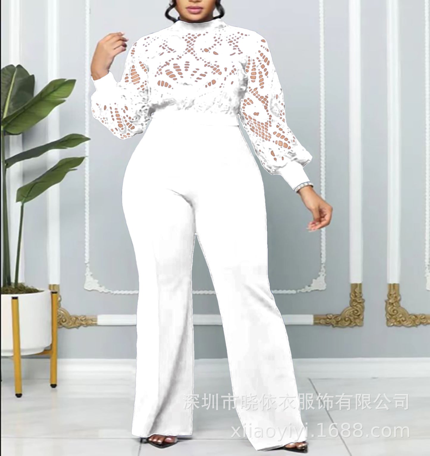 Women Long Sleeve Lace Wide Leg Jumpsuit Elegant