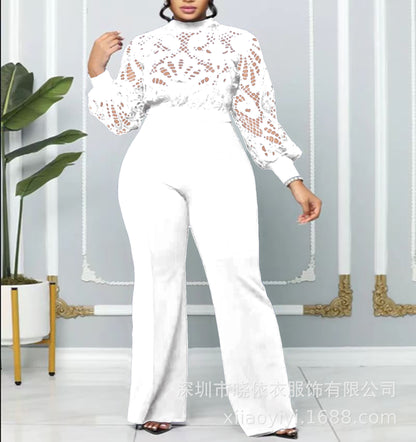 Women Long Sleeve Lace Wide Leg Jumpsuit Elegant
