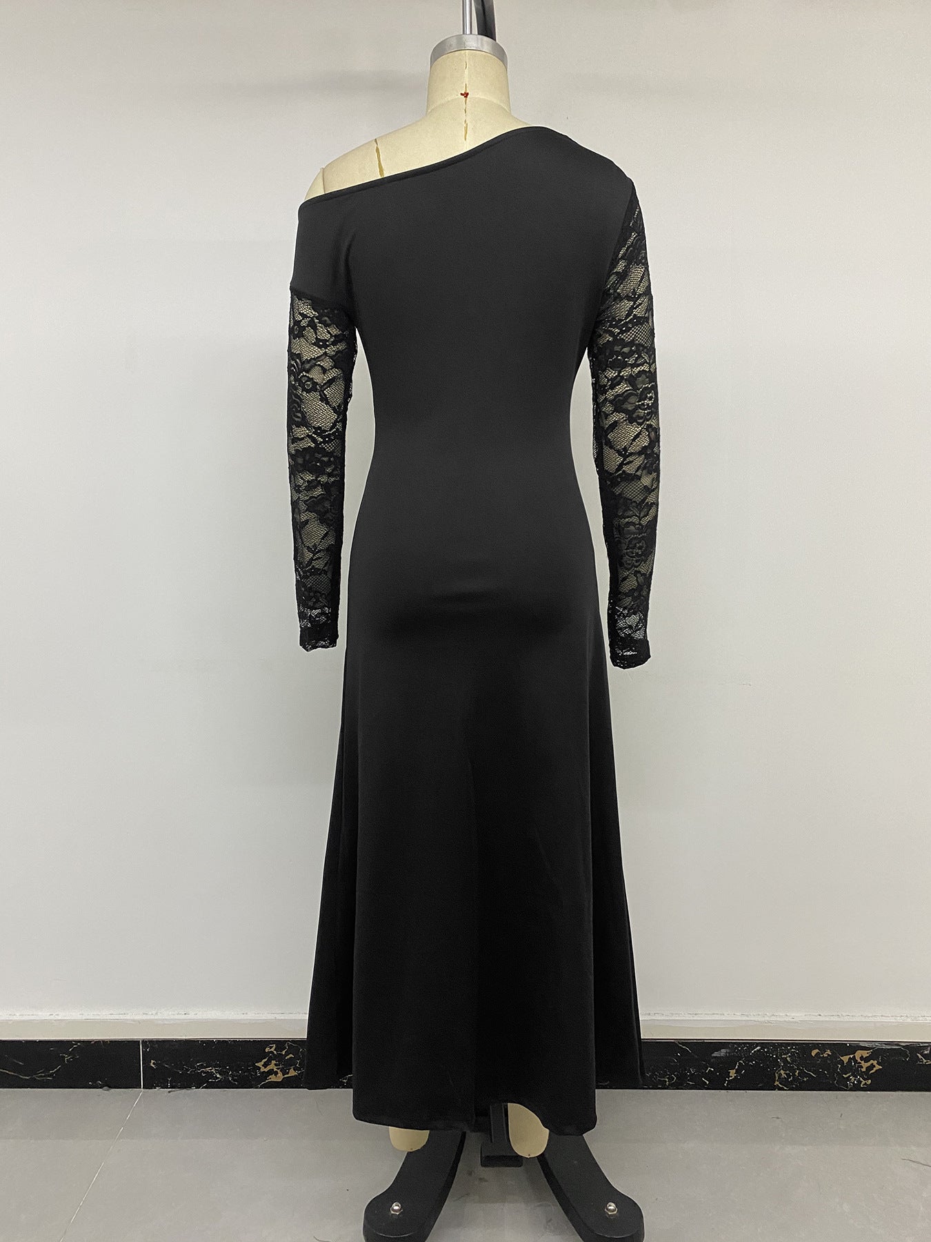 Sexy Black Lace One Shoulder Long Sleeve Maxi Dress